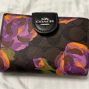 Coach Women's Wallet with Purple and Orange Floral Design